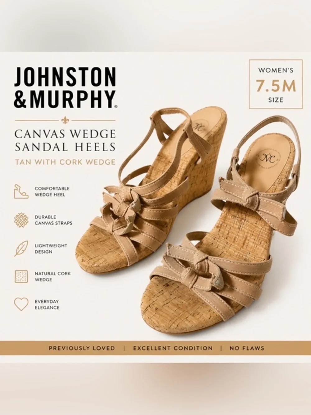 Johnston & Murphy Tan Canvas Cork Wedge Sandals Women’s Size 7.5M Slingback Heel
